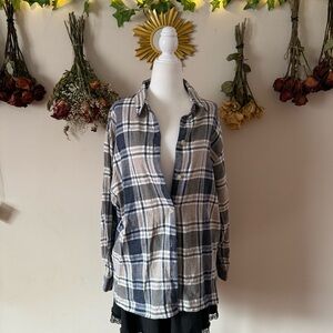 Cream, Gray, and Navy Blue Grunge/Goblincore Flannel
